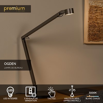 Lucide OGDEN - Lampe de bureau - LED 3 StepDim - 1x7W 3000K - Fer gris | Premium
